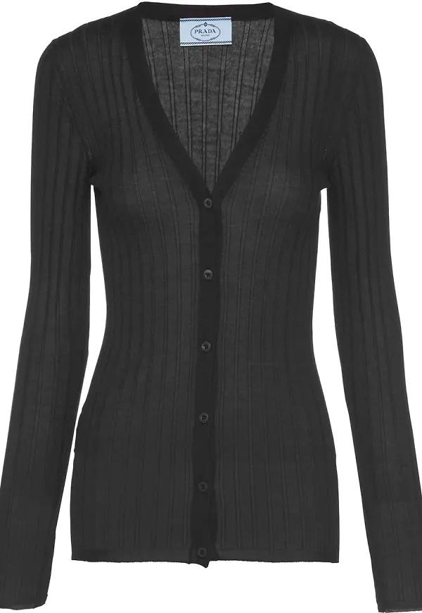 Prada v-ringad ribbstickad cardigan - Svart