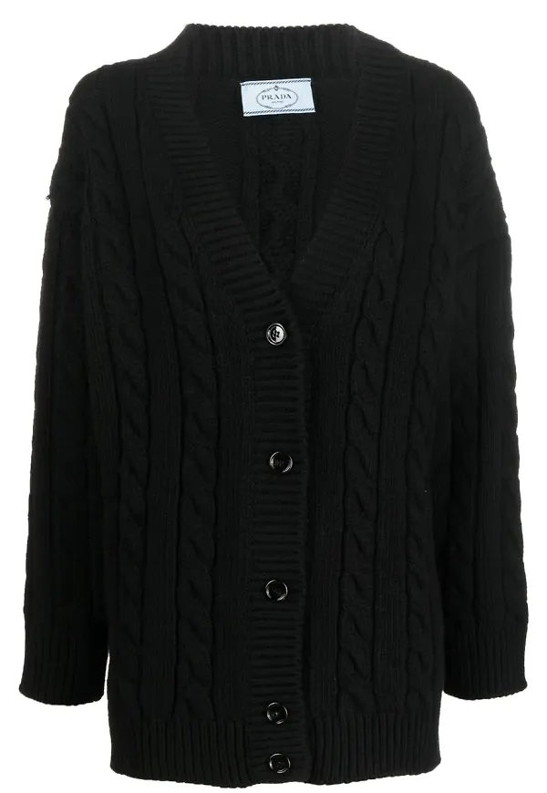 Prada v-ringad kabelstickad kofta - Svart