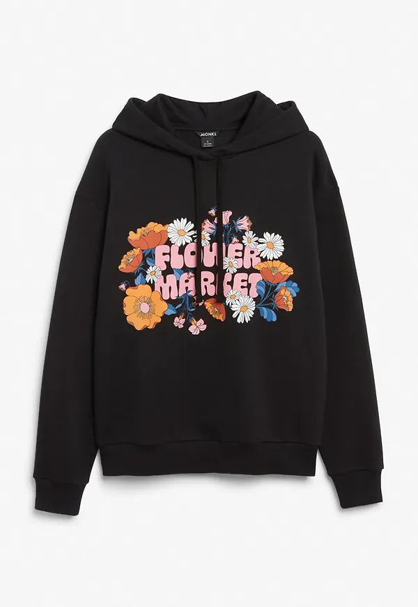 Print drawstring hoodie - Black