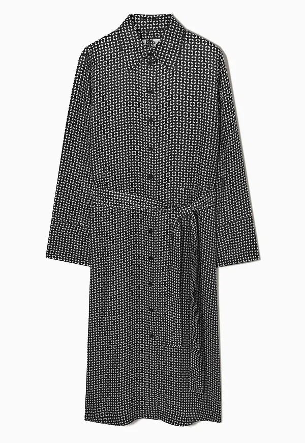 PRINTED BELTED MIDI SHIRT DRESS
