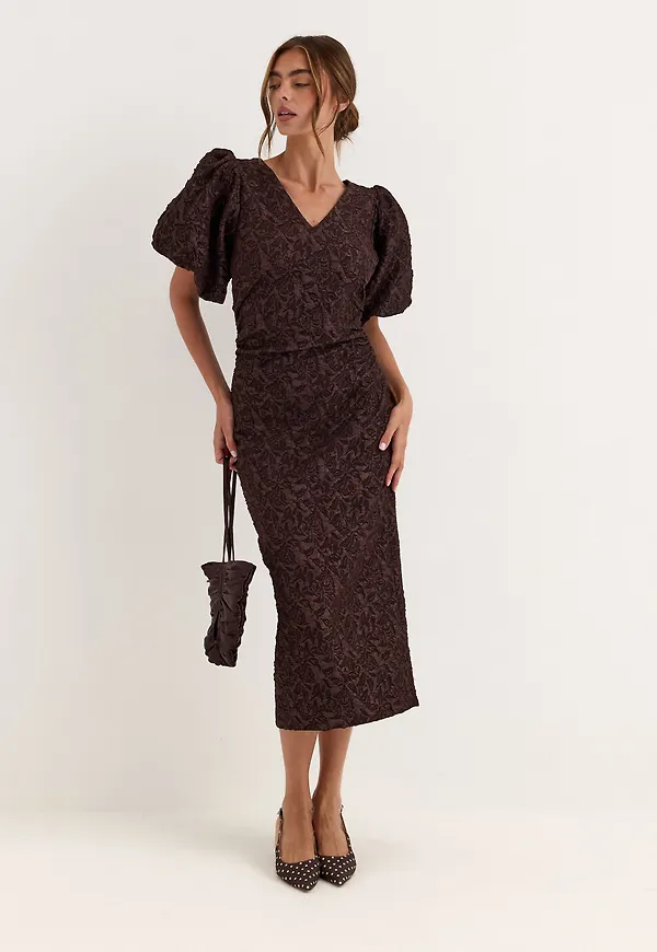 Puff Sleeve Jacquard Midi Dress