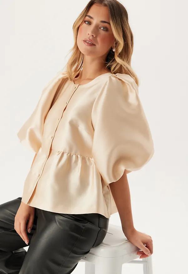 Puff Sleeve Peplum Satin Blouse