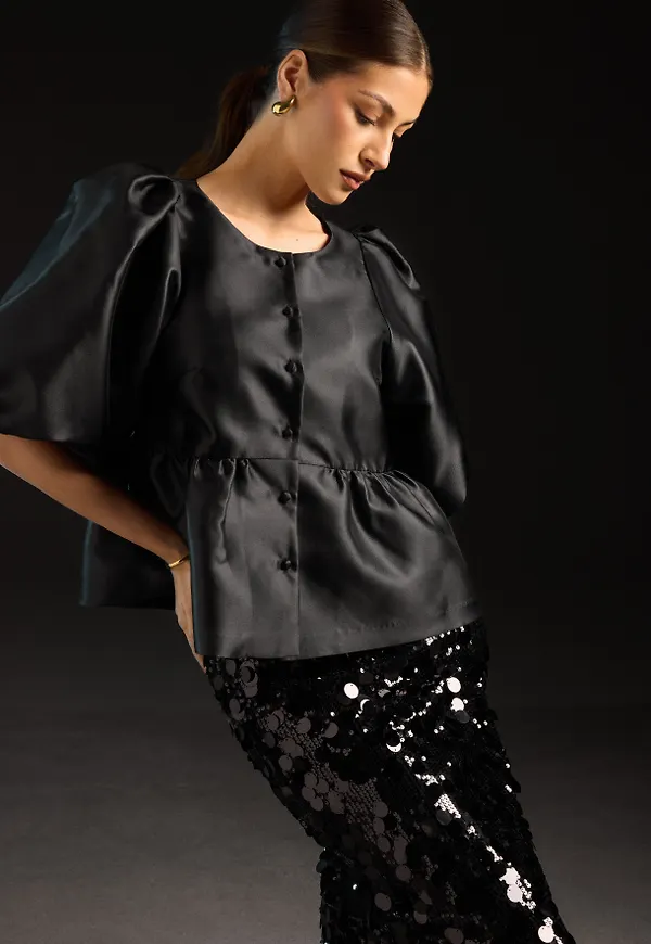 Puff Sleeve Peplum Satin Blouse
