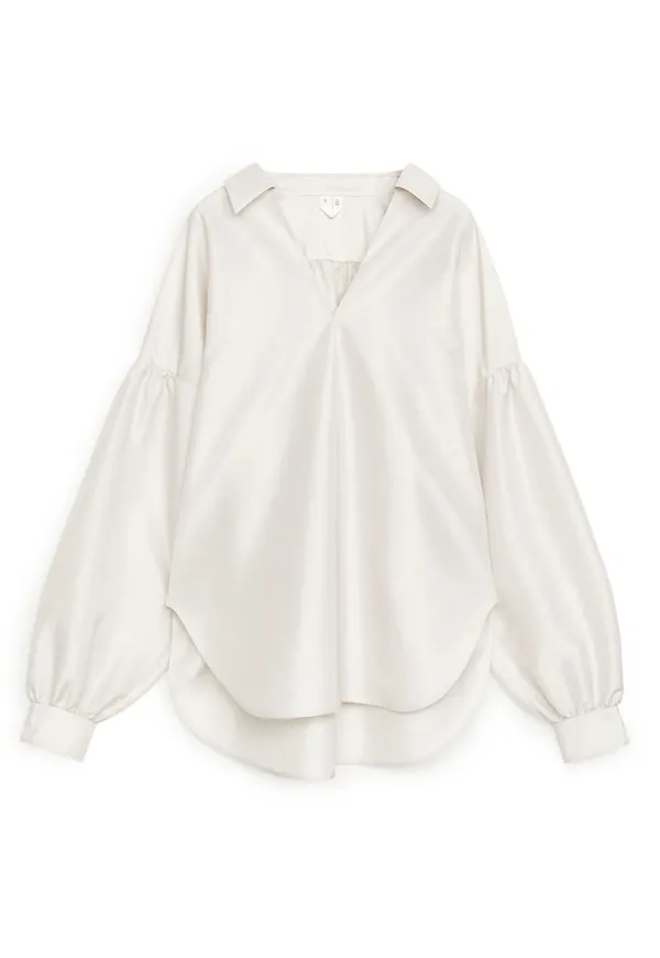 Puff Sleeve Pop-Over Blouse - Beige