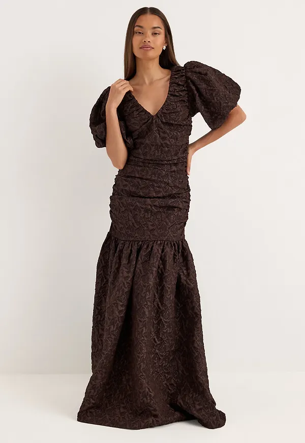Puff Sleeve V-neck Jaqcuard Gown