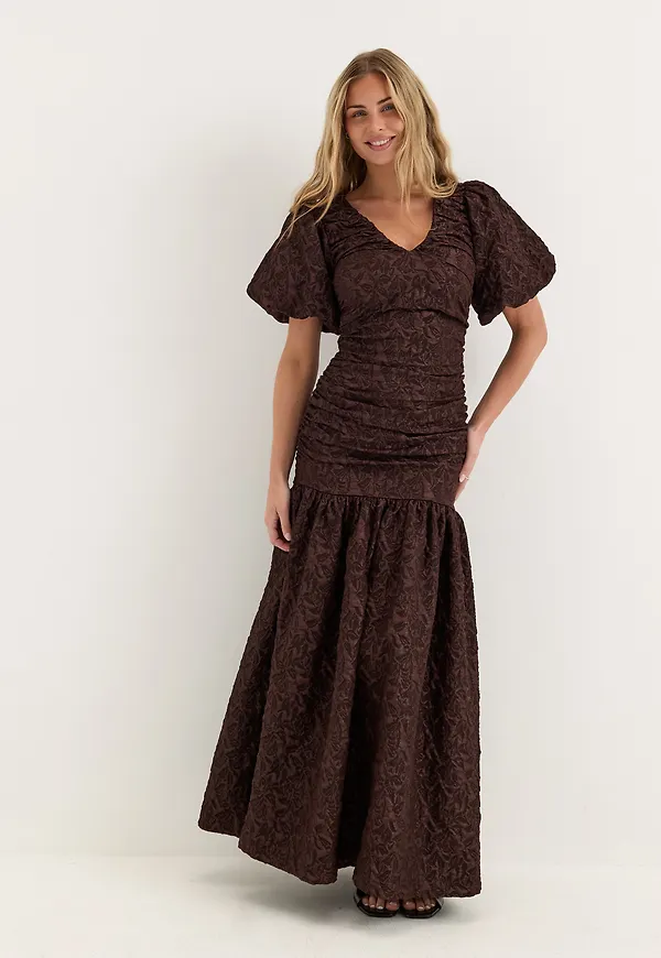 Puff Sleeve V-neck Jaqcuard Gown