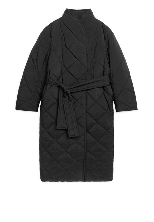 Quilted Shawl Collar Coat - Black