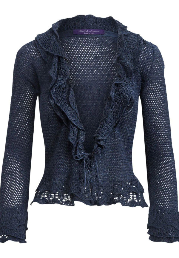 Ralph Lauren Collection glesstickad kofta med volangdetalj - Blå