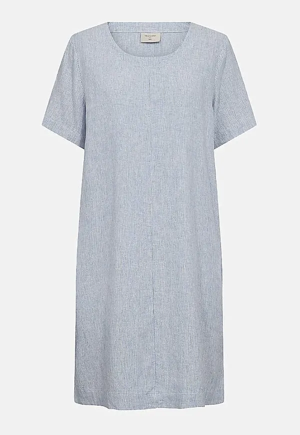 Randig linneklänning med fickor