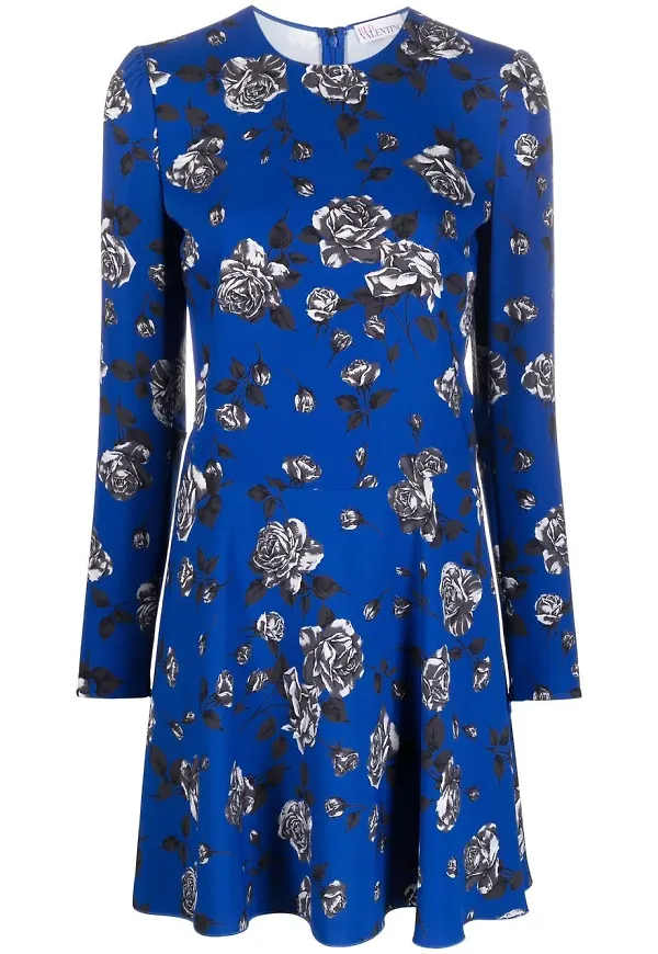 RED Valentino blommig långärmad klänning - Blå
