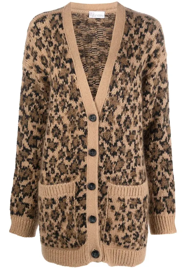 RED Valentino leopardmönstrad v-ringad kofta - Brun