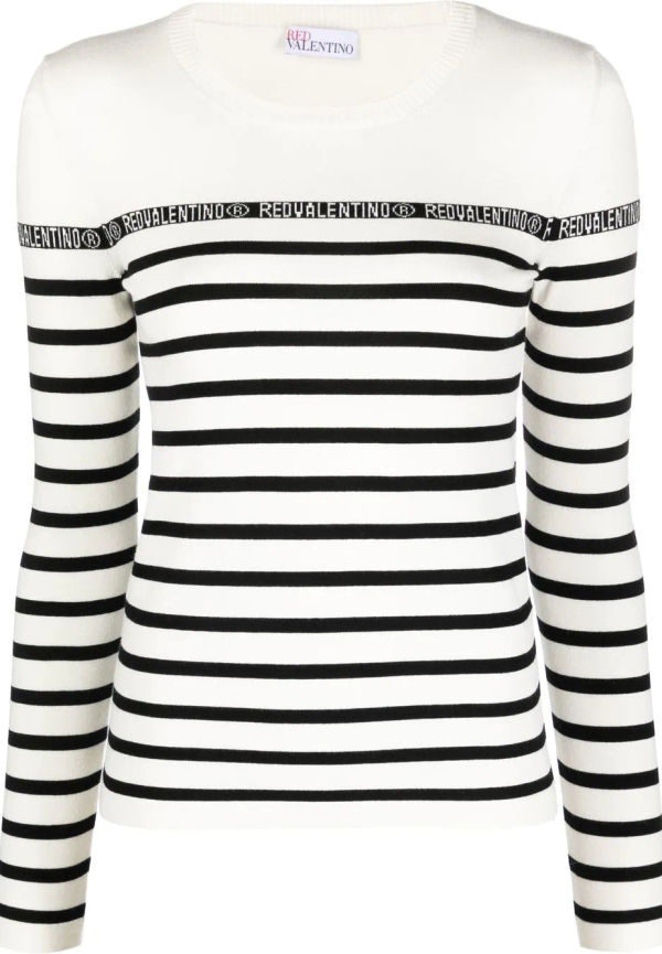 RED Valentino randig tröja med intarsiastickad logotyp - Vit