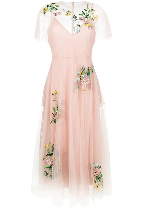 RED Valentino tyllklänning med blomsterbrodyr - Rosa