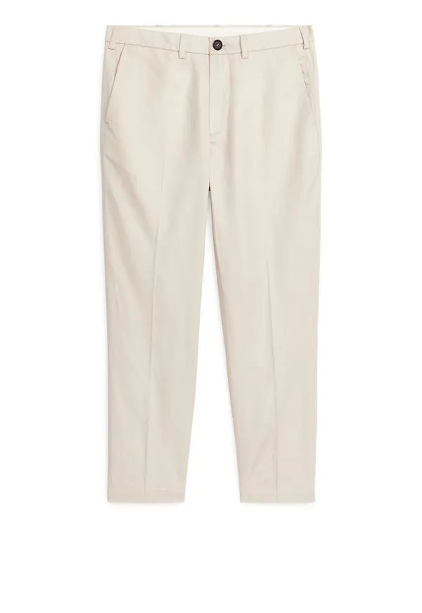 Regular Cropped Cotton-Linen Trousers - Beige