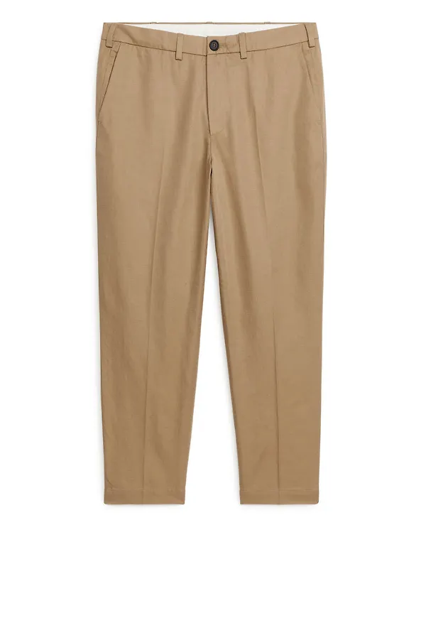 Regular Cropped Cotton-Linen Trousers - Beige