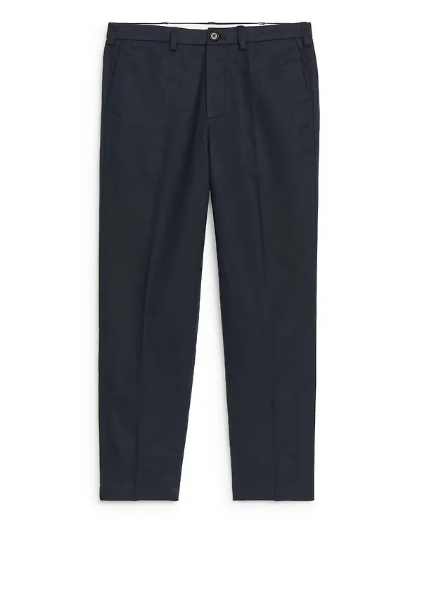Regular Cropped Cotton-Linen Trousers - Blue