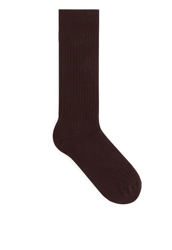 Rib-Knit Cotton Socks - Brown