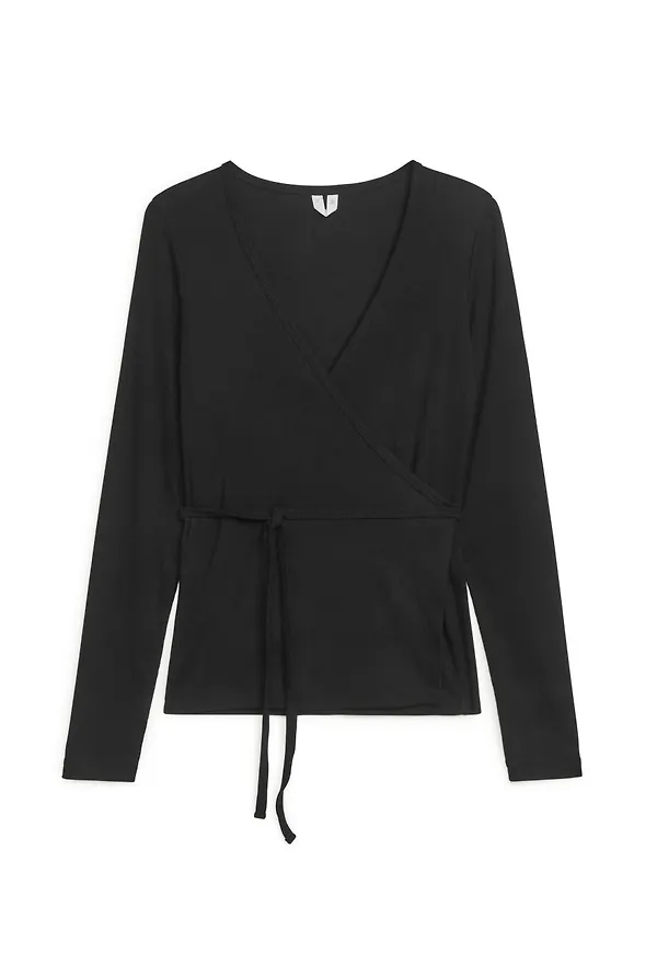 Rib-Knit Wrap Top - Black