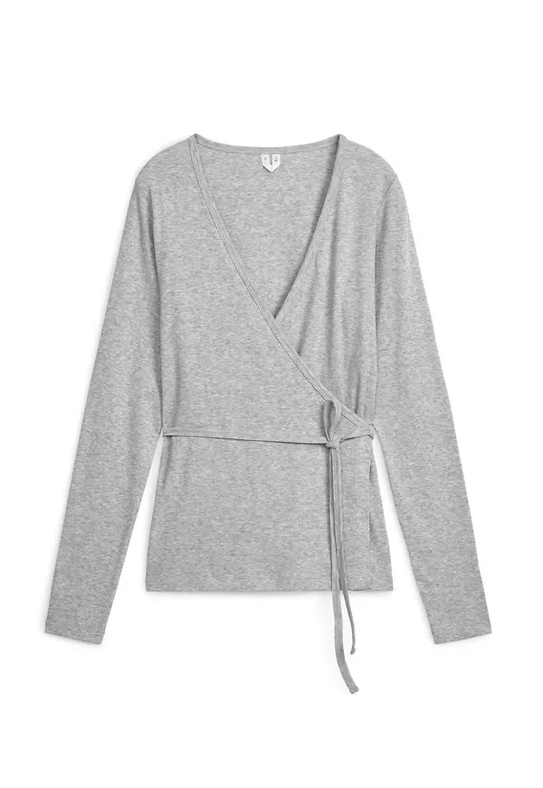 Rib-Knit Wrap Top - Grey