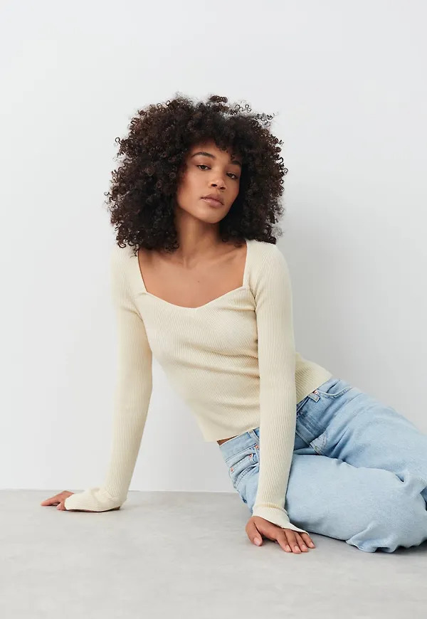 Gina Tricot - Rib knitted top - stickade tröjor - Vit - XL - Dam