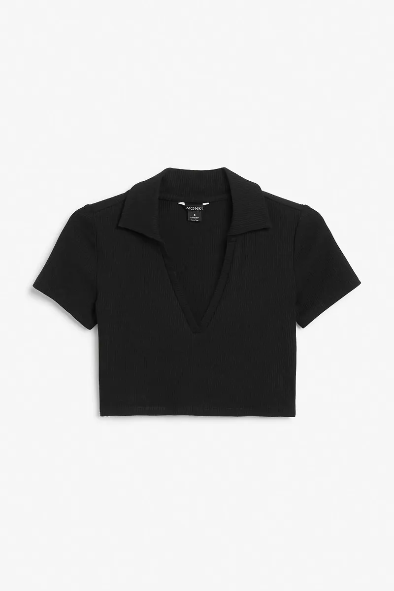 Ribbed polo crop top - Black