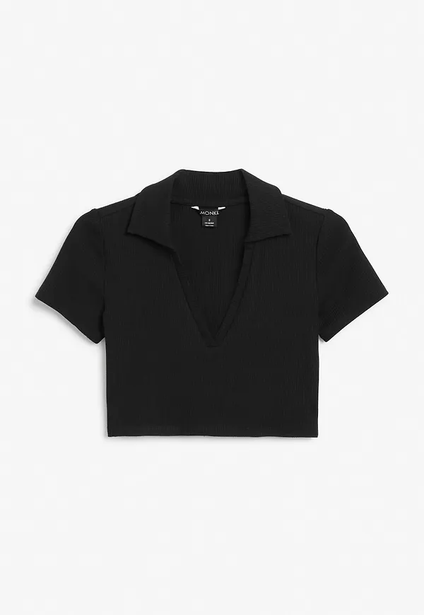 Ribbed polo crop top - Black