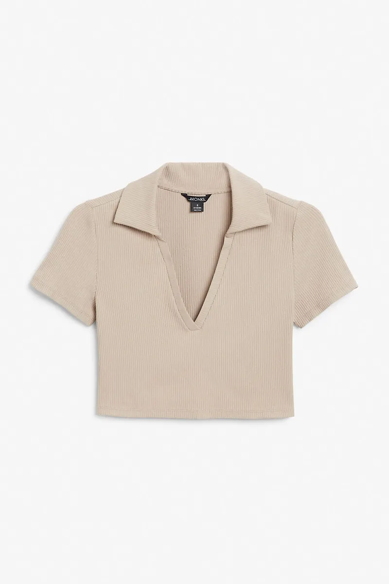 Ribbed polo crop top - Brown