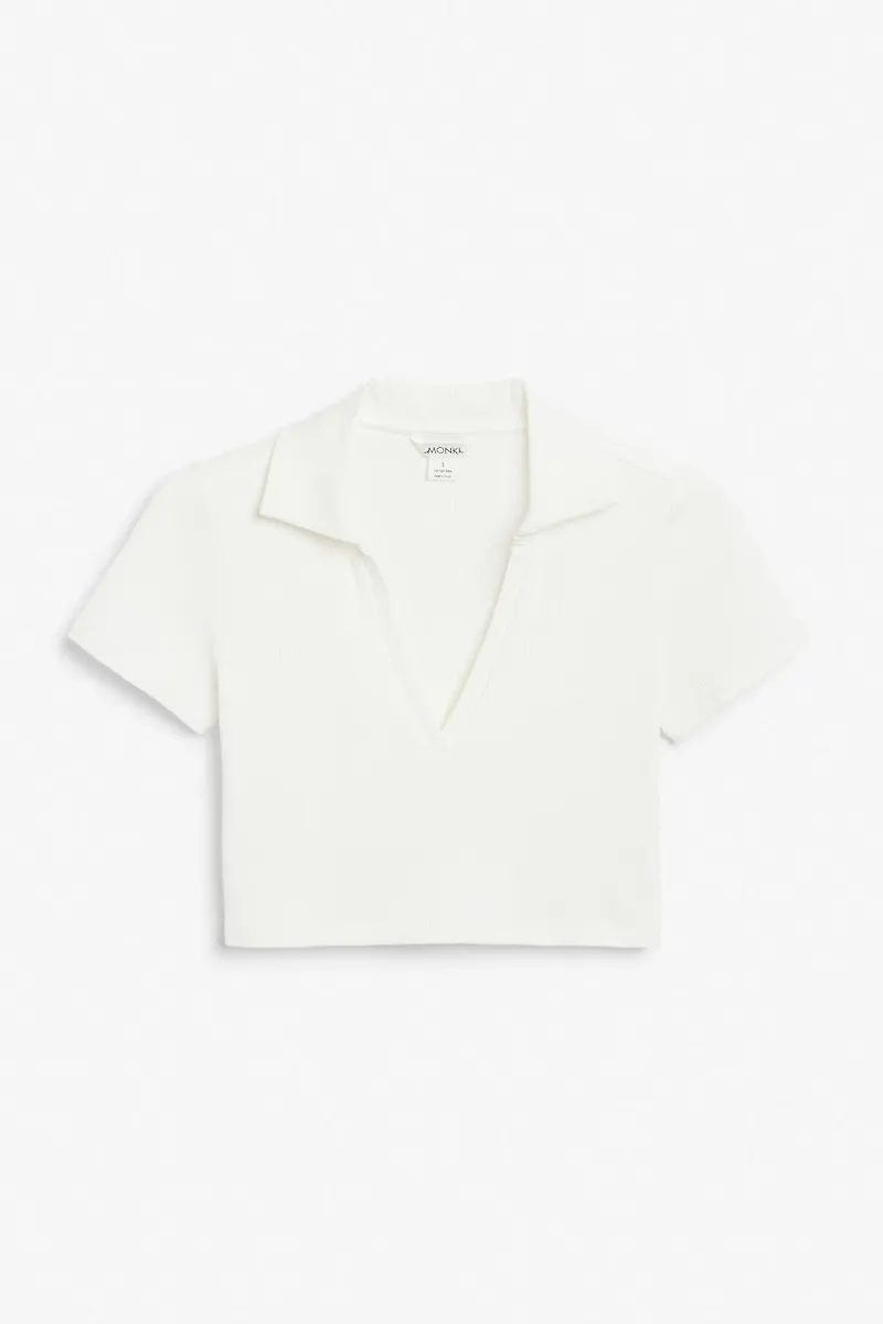Ribbed polo crop top - White
