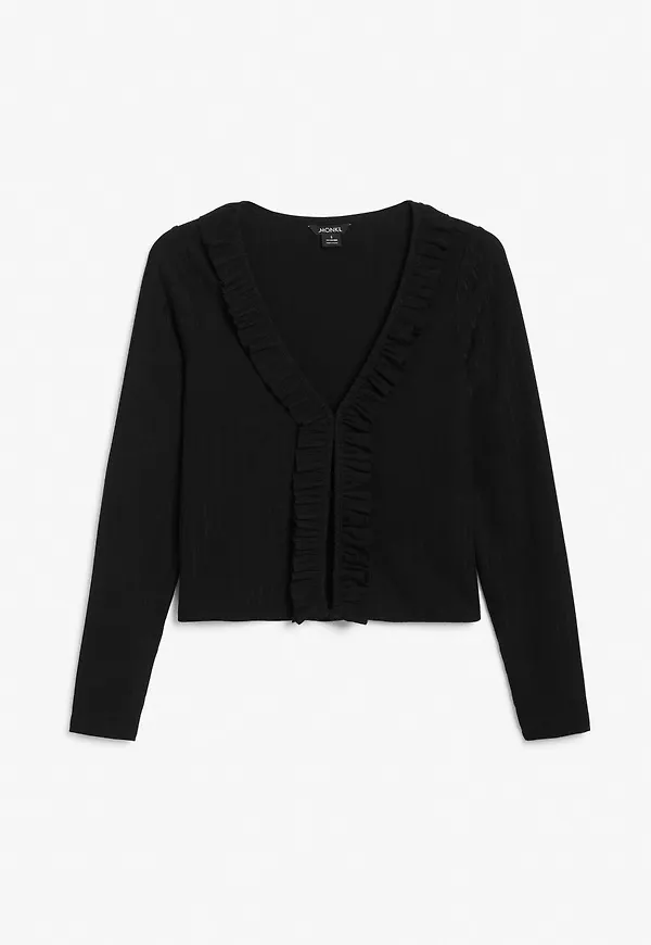 Ribbed ruffle cardigan - Black