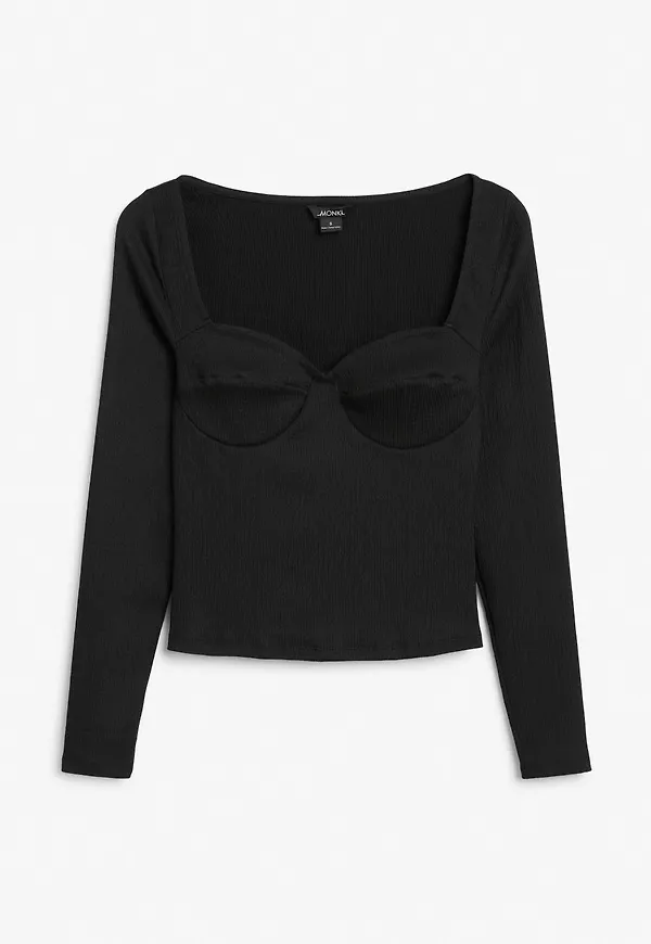 Ribbed sweetheart neck top - Black