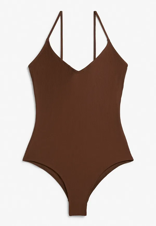 Ribbed swimsuit with slim straps - Brown