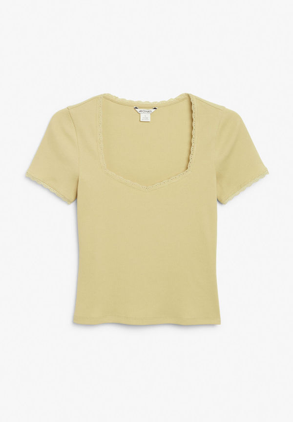 Ribbed top with lace trims - Yellow