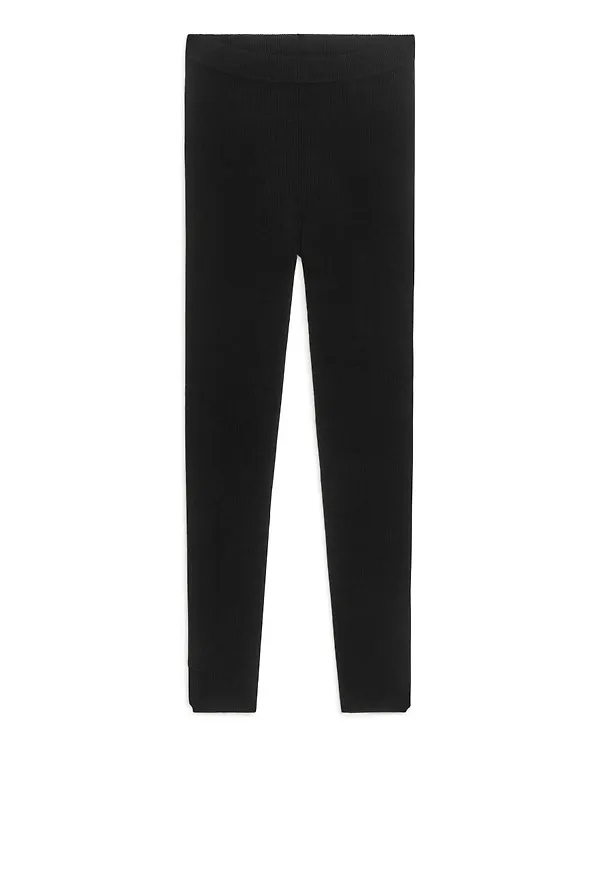 Ribbed Wool Blend Leggings - Black