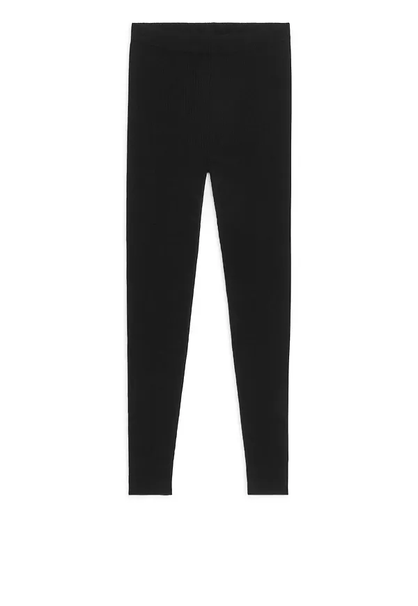 Ribbed Wool Blend Leggings - Black