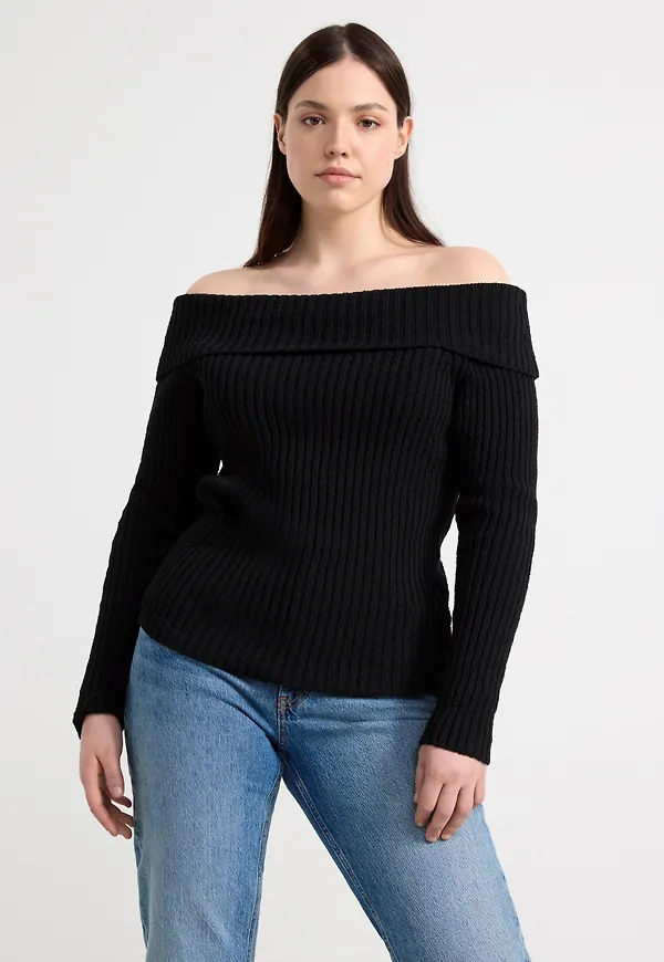 Ribbstickad topp i offshoulder-modell