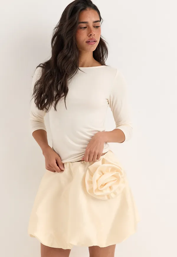 Rose Bubble-Hem Satin Mini Skirt/Top