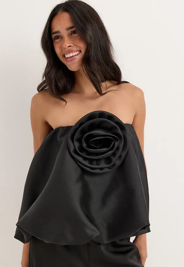 Rose Bubble-Hem Satin Mini Skirt/Top