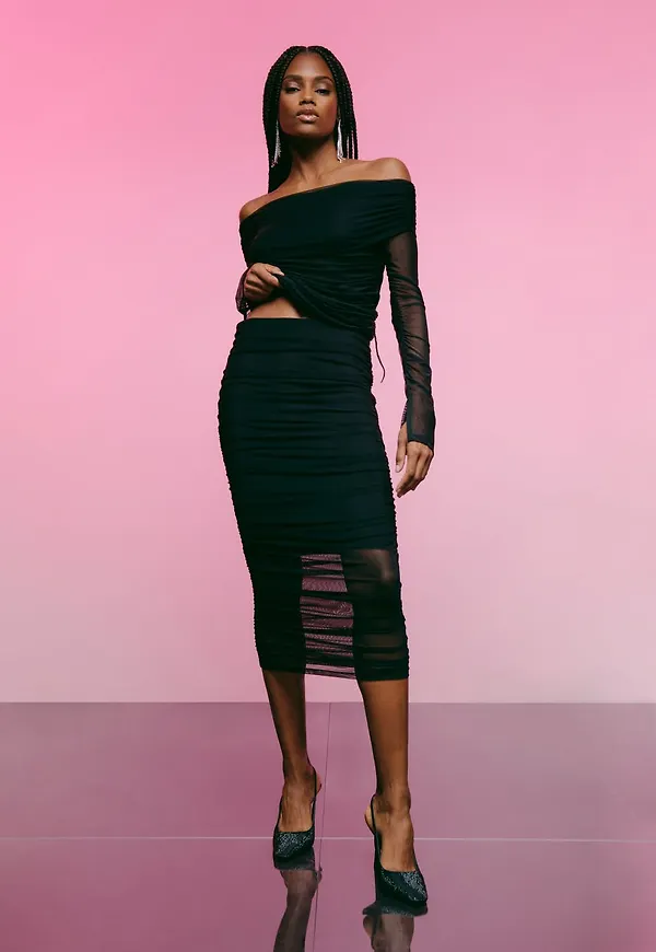 Ruched mesh skirt