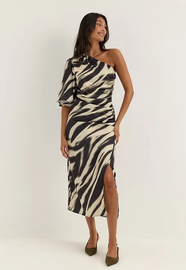 Ruched One Shoulder Satin Midi Dress