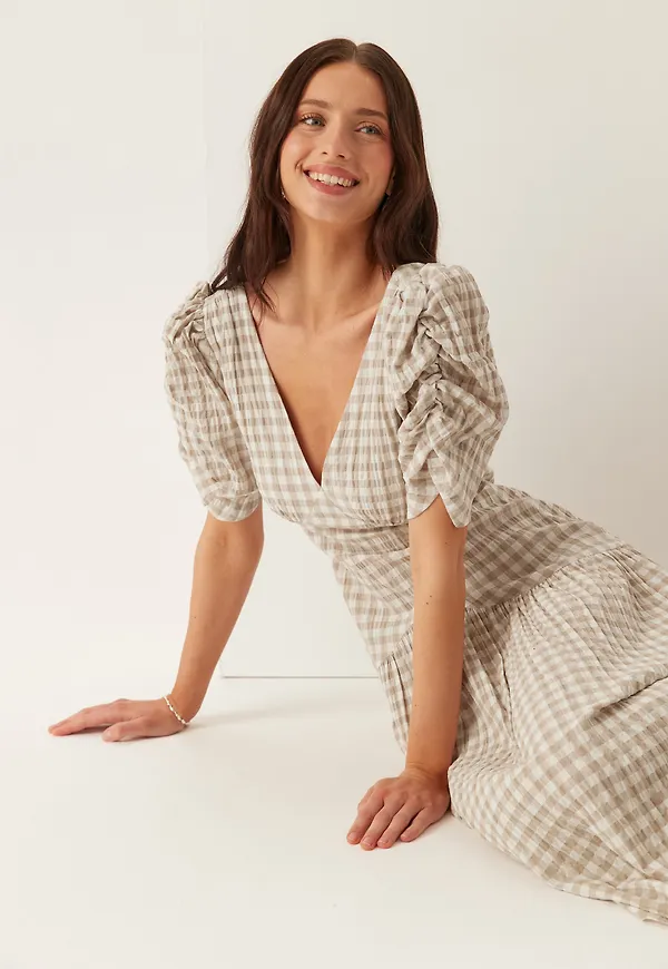 Ruched Puff Sleeve Ankle Dress