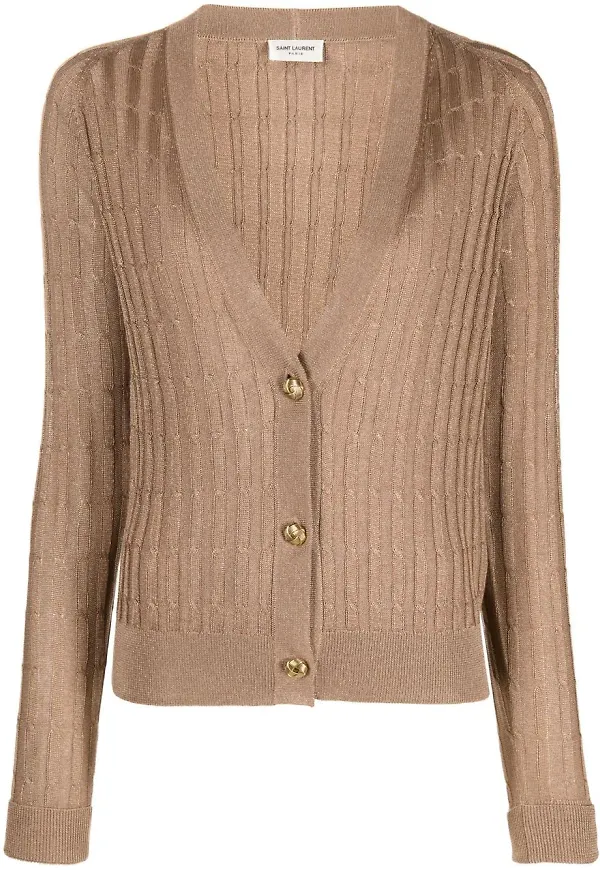 Saint Laurent kabelstickad v-ringad kofta - Brun