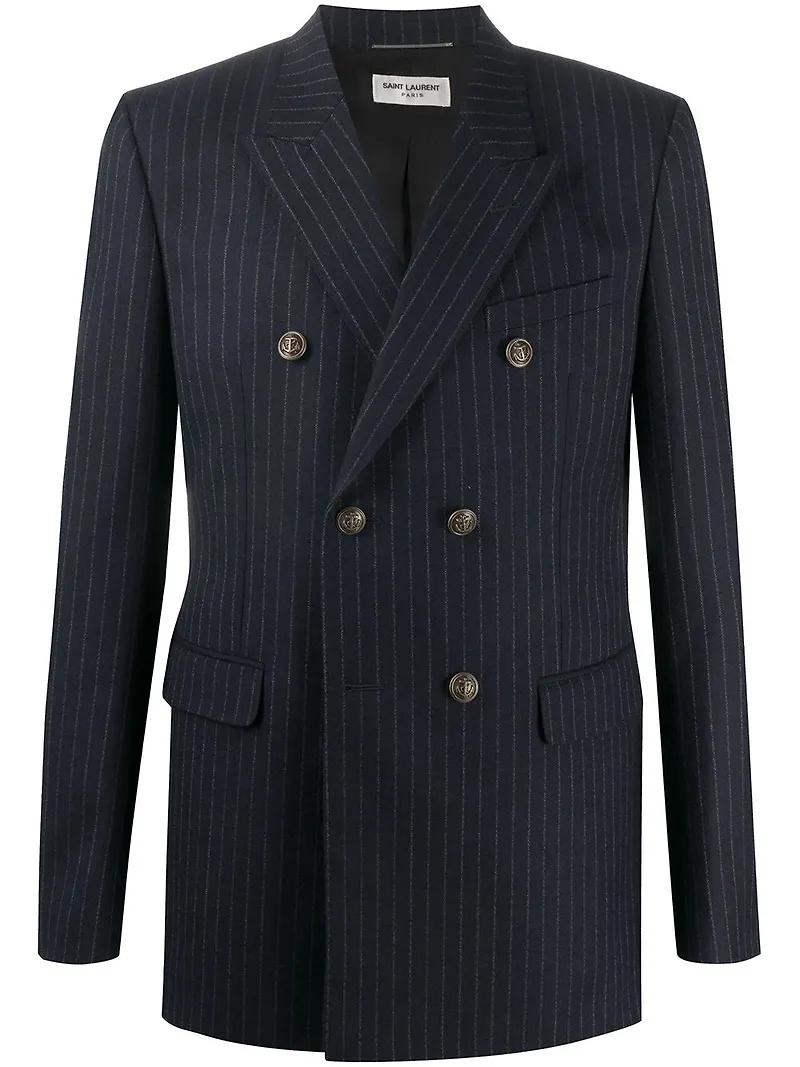 Saint Laurent kritstrecksrandig dubbelknäppt blazer - Blå