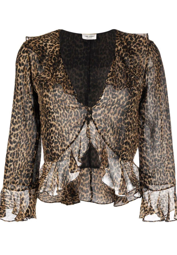Saint Laurent leopardmönstrad blus med volang - Brun