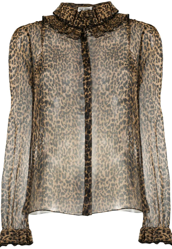 Saint Laurent leopardmönstrad blus med volangkrage - Brun