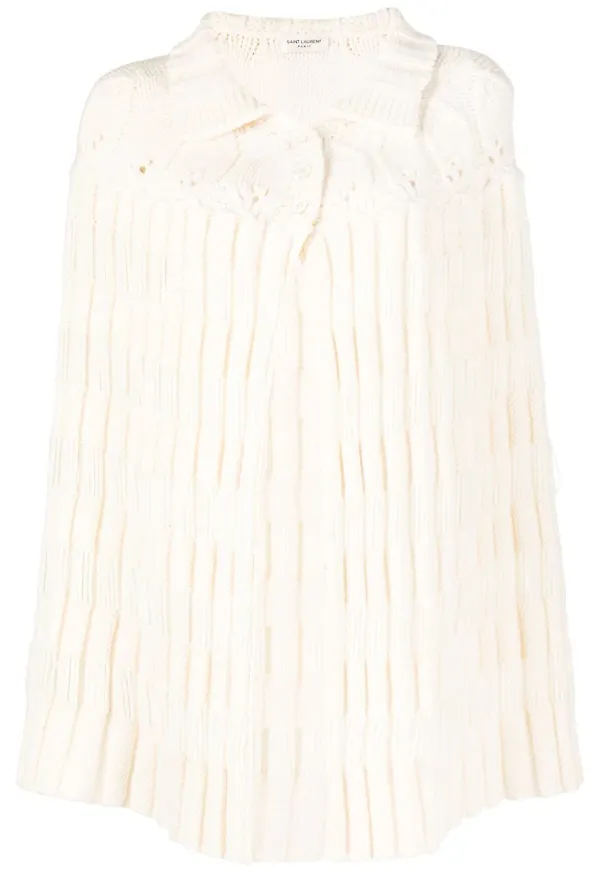 Saint Laurent Pre-Owned grovstickad virkad poncho - Vit