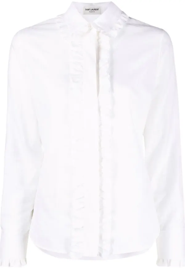 Saint Laurent ribbad skjorta med volanger - Vit