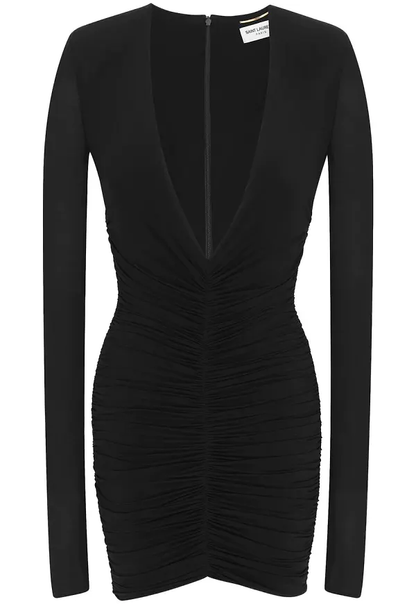 Saint Laurent rynkad v-ringad miniklänning - Svart