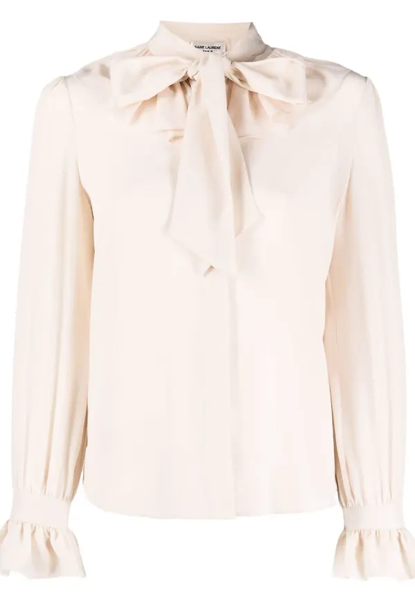 Saint Laurent sidenblus med knytkrage - Neutral