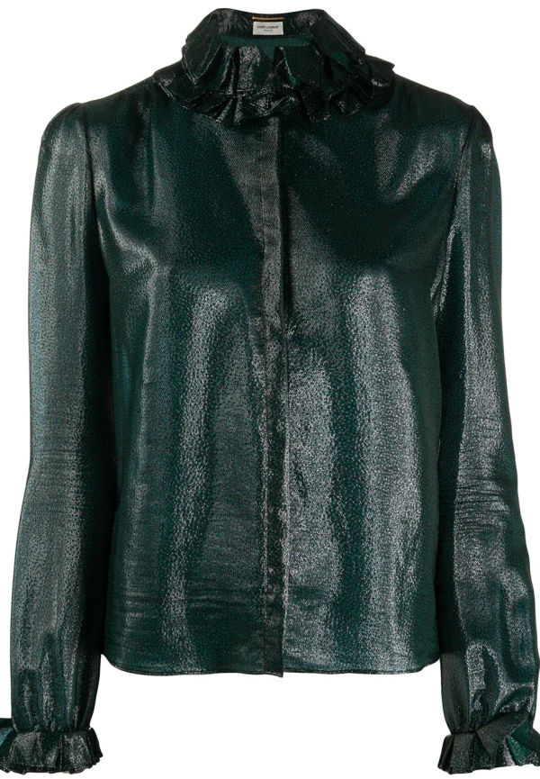 Saint Laurent skjorta med volangdetalj och metallisk effekt - Grön