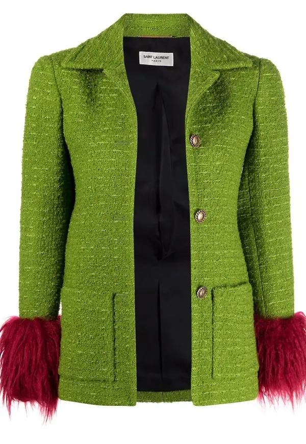 Saint Laurent tweedjacka med konstpälskant - Grön